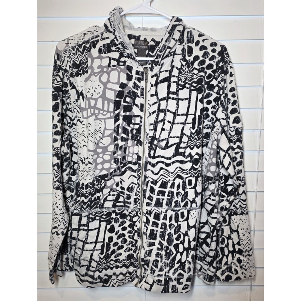 Additions Chico's Black White Full Zip Hoodie Jacket‎ Top Abstract Size 3 = XL